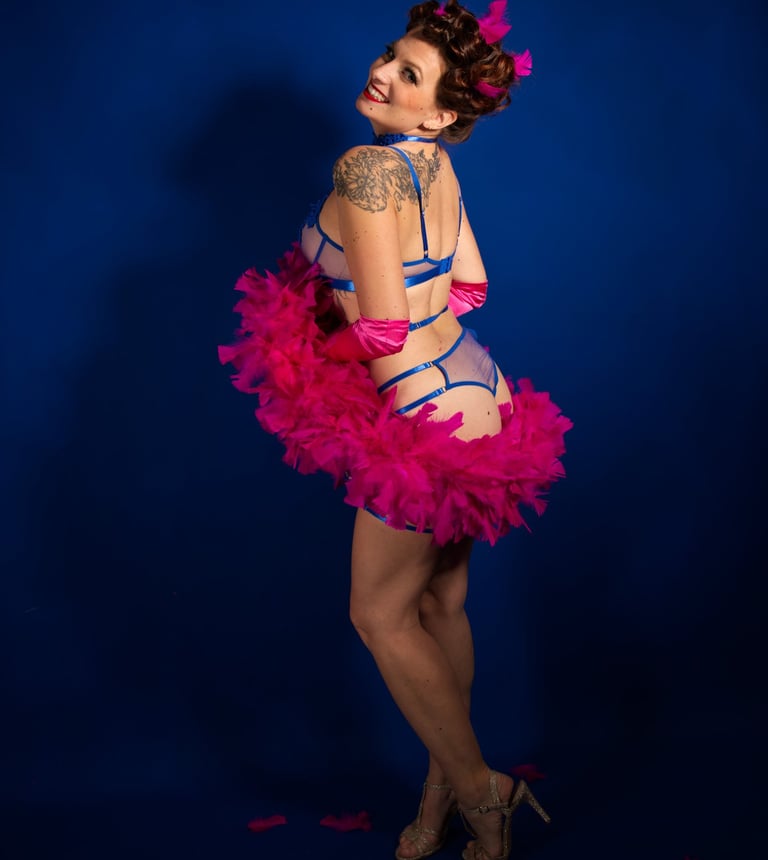 Femme glamour. Lingerie bleue, boa en plume rose. Effeuilleuse burlesque.