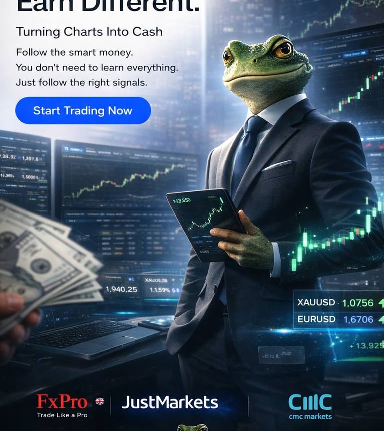 A frog in a suit trading forex and gold on a tablet with stock market charts in the background.