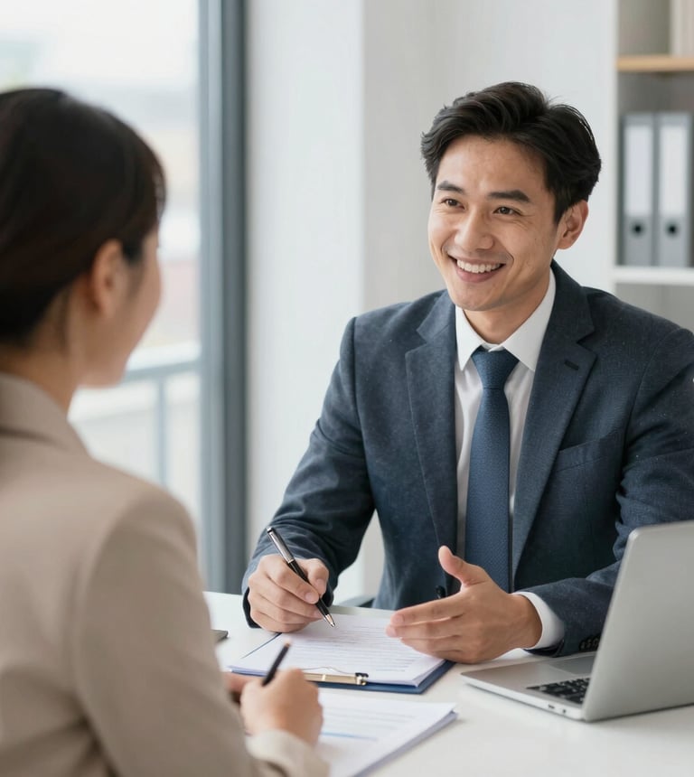 A confident financial advisor discussing plans with a smiling client in a modern office.