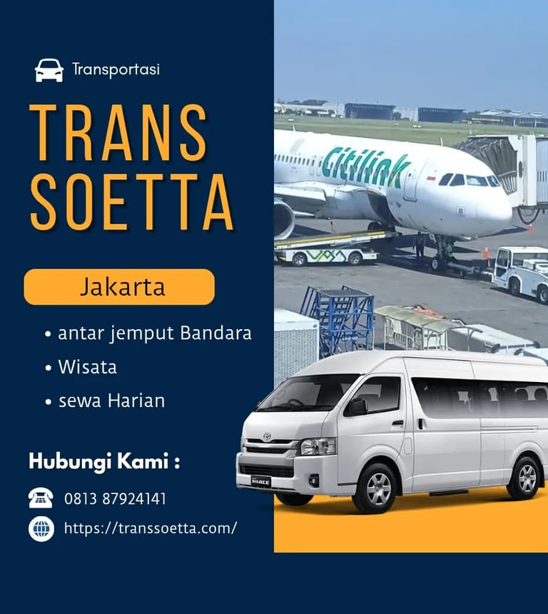Brosur rental Trans Soetta, dengan background warna biru tua, pesawat Citilink dan Hiace silver.