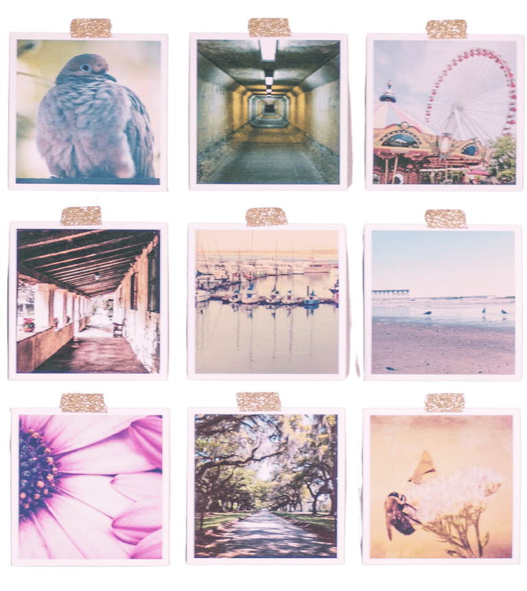 Nine square photos with a pink aesthetic, taped in three columns to an invisible wall.
