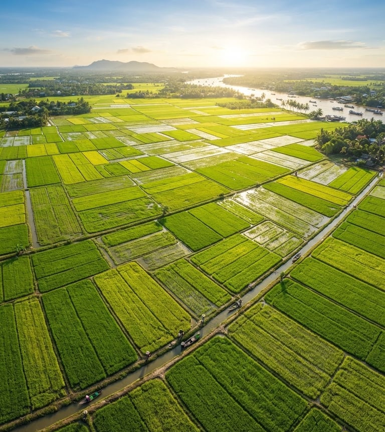Wide aerial panoramic view of lush green rice paddies in the Mekong Delta under bright morning sunlight, geometric patterns, sharp depth of field, 35mm editorial agricultural photography.