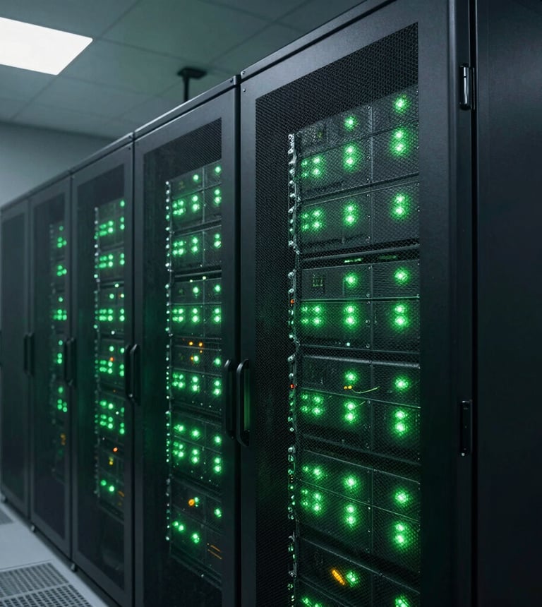 Sovereign-anchored corporate editorial photo of a high-end Nigerian enterprise data center in Lagos, low-key server room lighting with sharp green accents, 35mm lens.