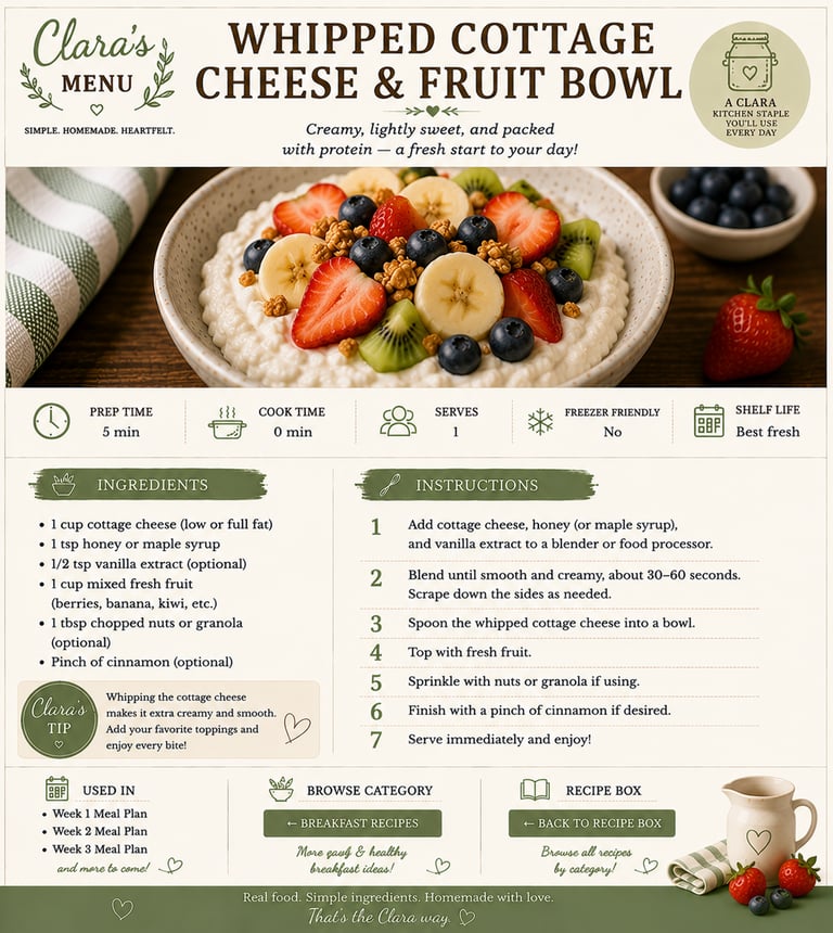 Recipe card for a whipped cottage cheese and fruit bowl topped with strawberries, blueberries, and bananas.