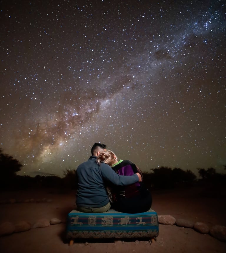 A couple sits on a bench under the vibrant Milky Way galaxy and a clear starry night sky.