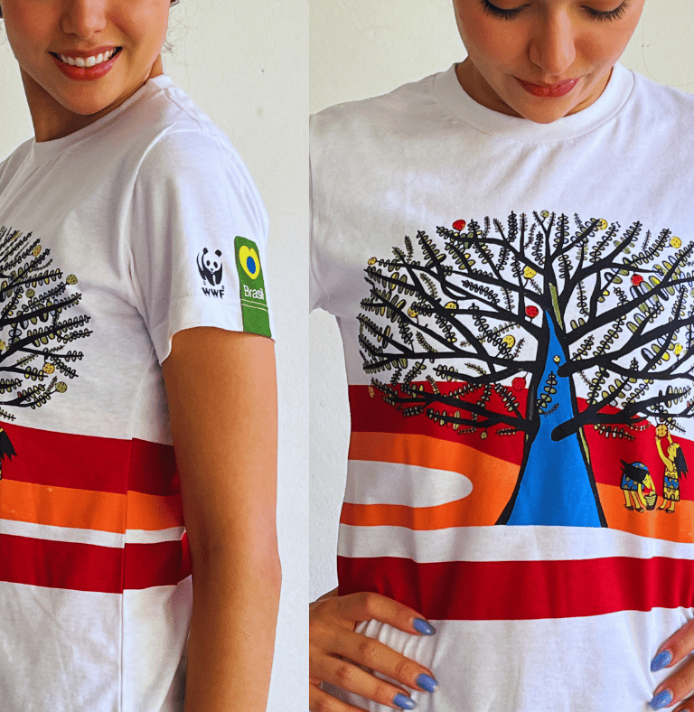 Modelo vestindo camiseta ecológica em PET reciclado para o projeto Amazónia da WWF