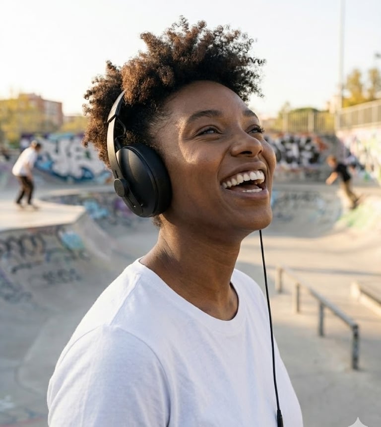 meisje met een koptelefoon in een skatepark