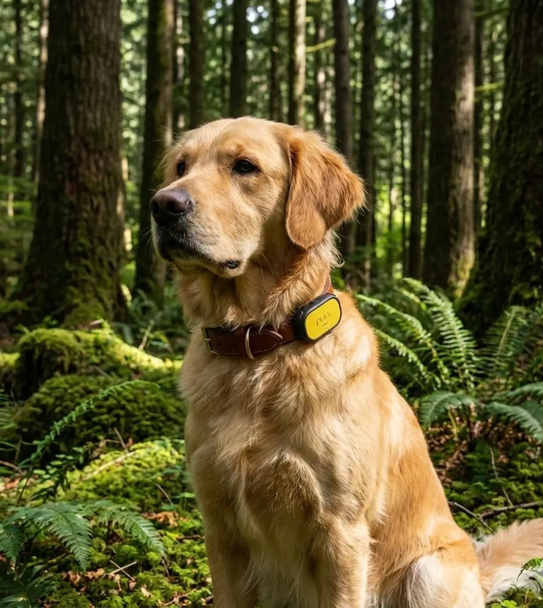 Dog wearing GPS tracker in forest