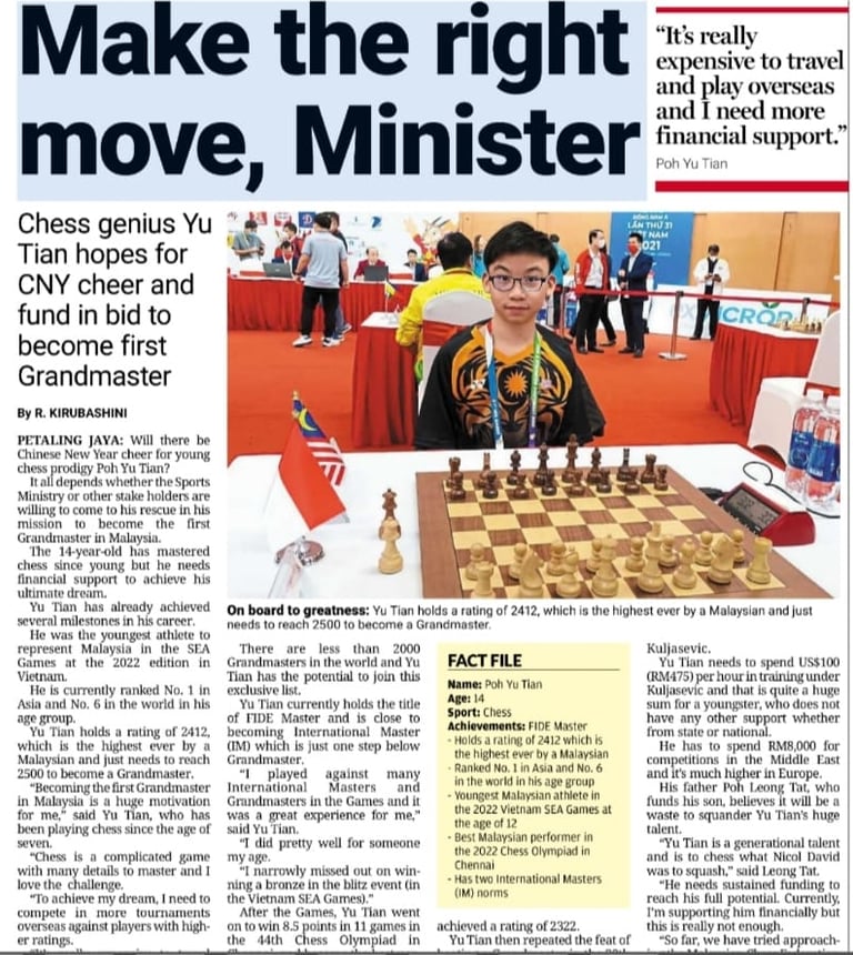 Make the right move, Minister! Malaysia Chess News. Poh Yu Tian. The Star Chess