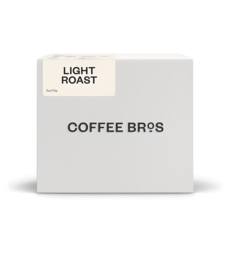 Minimalist white box of Coffee Bros Light Roast whole bean coffee, 6oz packaging.