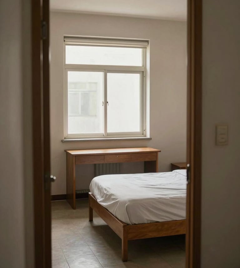 Wide doorway-perspective shot of a furnished PG room interior — single bed with plain sheets, wooden desk beneath a window, tiled floor, neutral walls — natural midday window light, no people, no staging