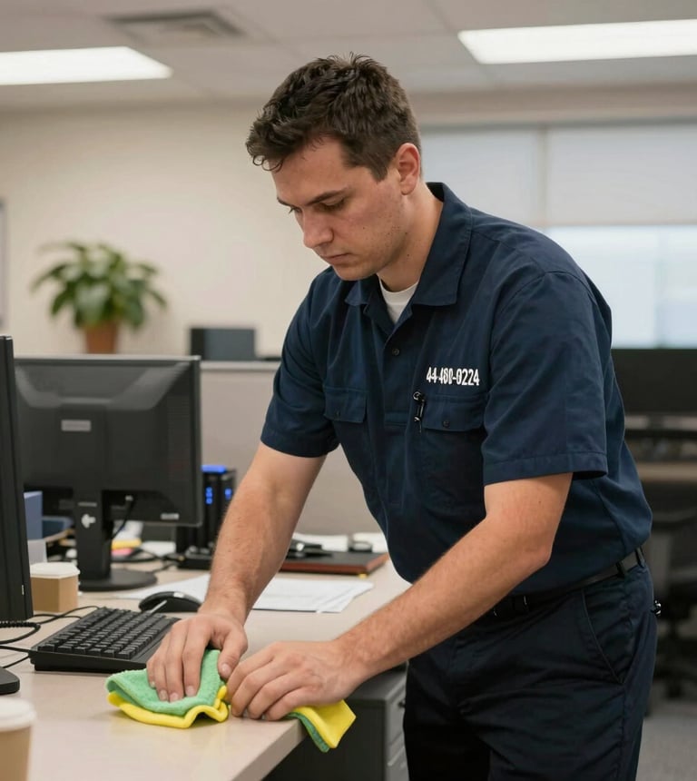 A friendly Jacksonville CleanPro team member carefully cleaning an office desk with natural light streaming through the window.