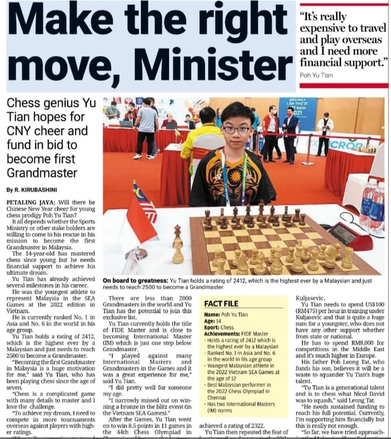 Make the right move, Minister! Malaysia Chess News. Poh Yu Tian. The Star Chess