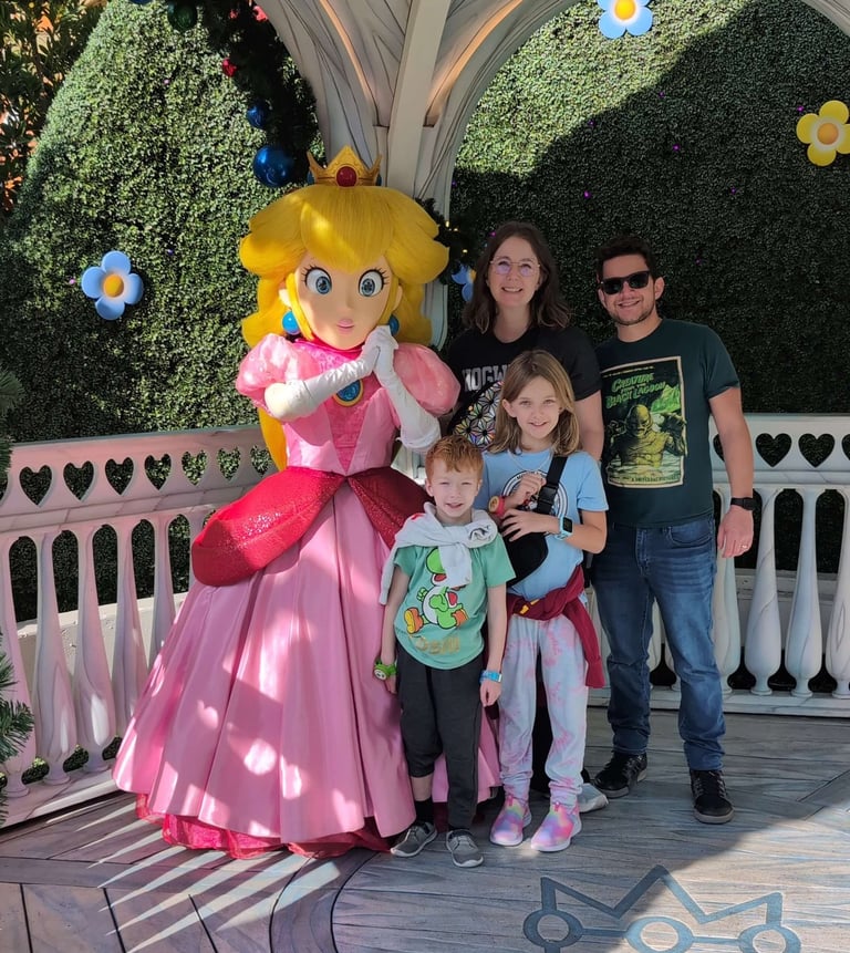 Katie Matzenbacher, Travel Agent, and her family with Princess Peach at Universal Studios Hollywood