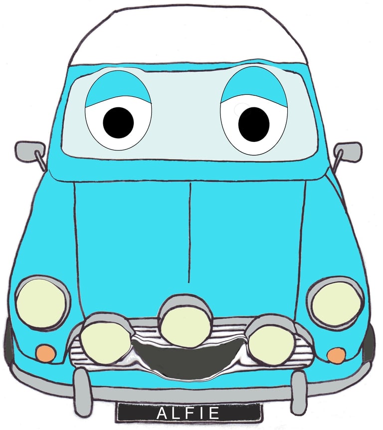 a cartoon car with a big eyes and a big smile