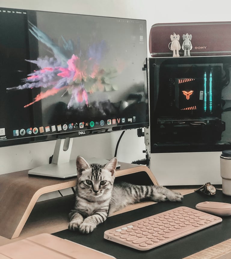 color photo of kitten on a desk with computer monitors and keyboard