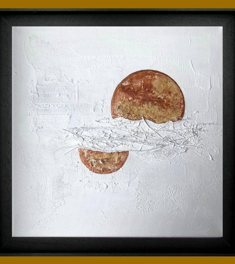 Toile abstraite "Douceur 1" blanc et doré encadrée 