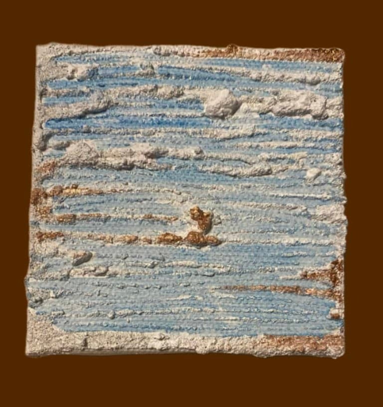 Toile mixed média abstraite bleue et dorée Xirkys artiste plasticienne