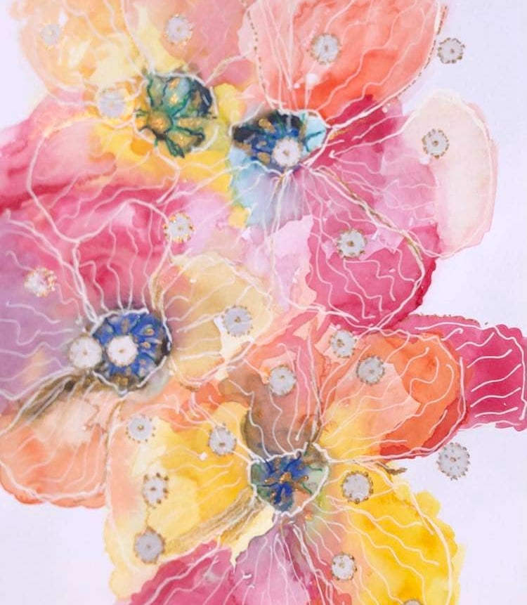 Aqurelle fleurie rose jaune et orange par xirkys artiste plasticienne