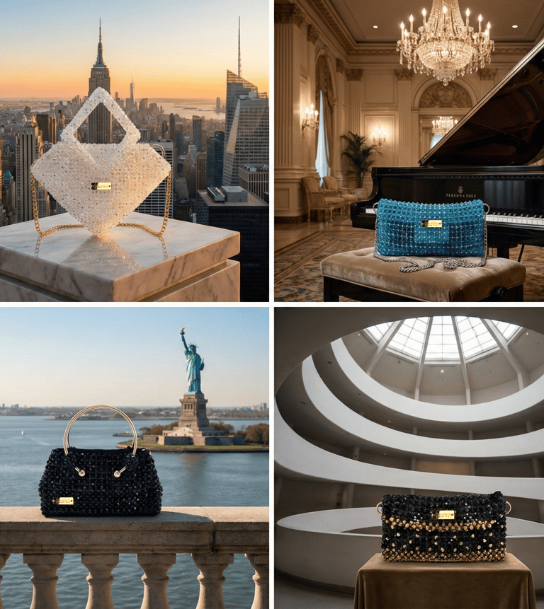 MGG New York handmade crystal beaded handbags in luxury settings.