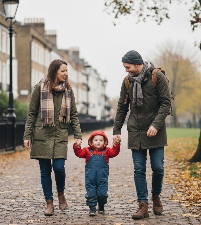 UK mother, father, and toddler walk together in autumn.
