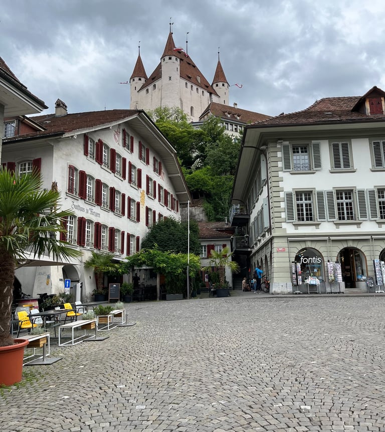 View of Thun Castle from Rathausplatz in Thun Switzerland