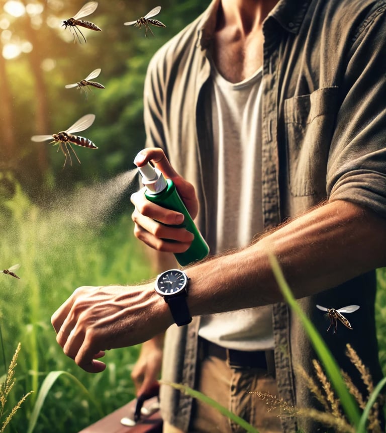 Un hombre colocándose repelente para mosquitos