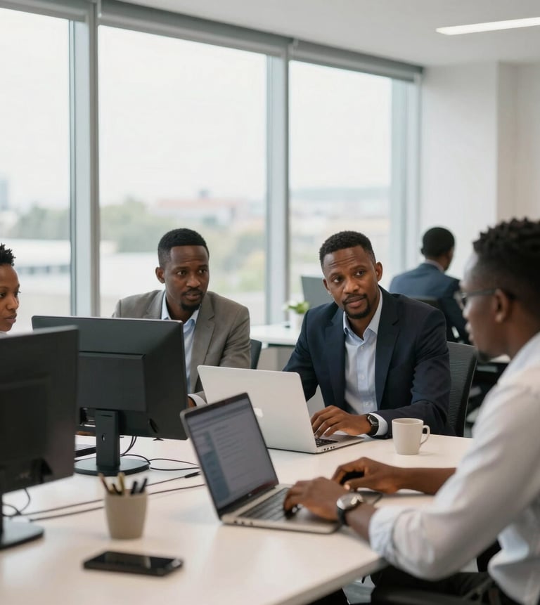 Vue panoramique d'un bureau moderne et lumineux d'ACF SA à Abidjan, avec des professionnels en discussion discrètement, lumière naturelle, style corporate editorial.