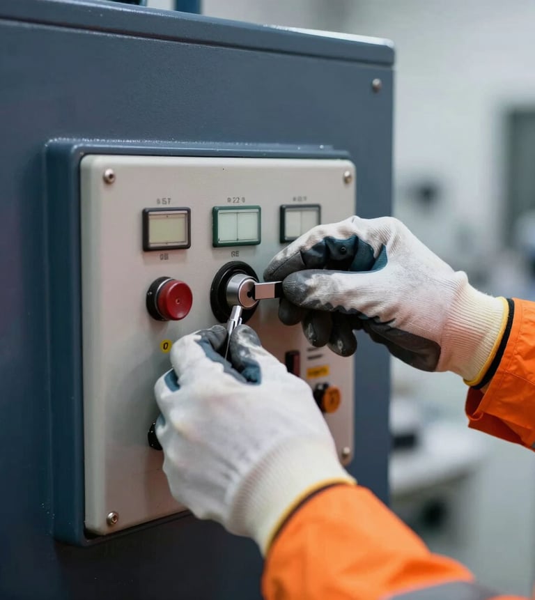 Close-up of an engineer's hands in safety gloves adjusting a control panel on a pulverizing machine, clean industrial lab background, focus on precision and technical expertise, high contrast, safety orange accents, 50mm lens.