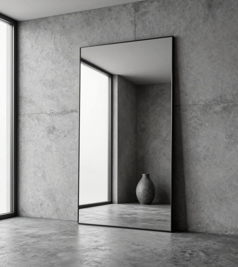 Miroir grande dimension sur mur en béton reflétant une fenêtre pour optimiser la luminosité.