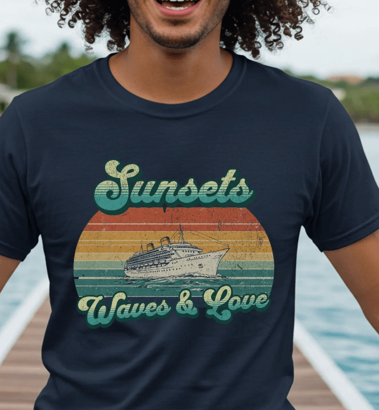 a man with curly hair and a hat on a dock wearing a cruise couples shirt