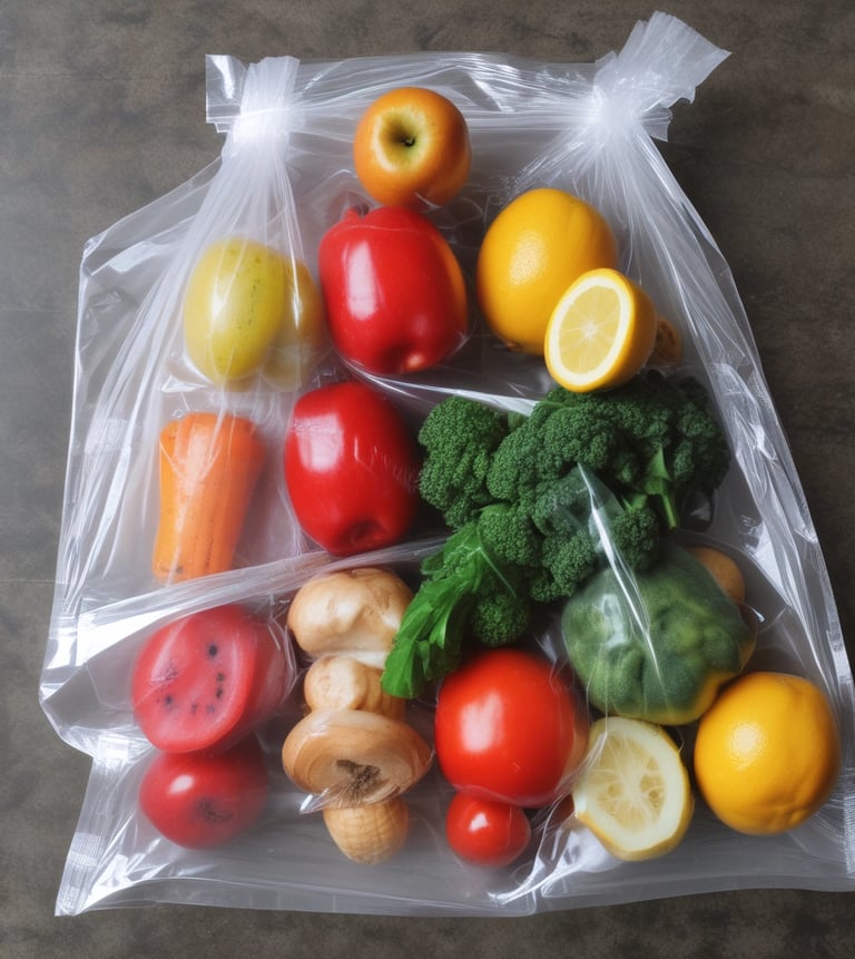 Close-up of colorful plastic bags neatly stacked in a warehouse.