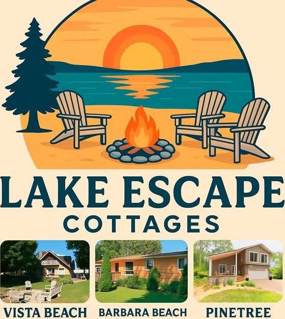 a lakefront home with chairs and a fire pit