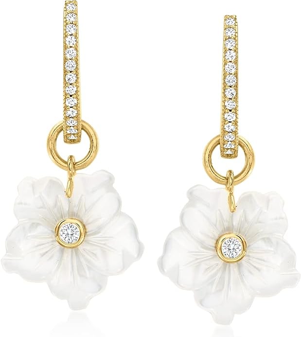 Jewelry Under $100 Mother-Of-Pearl White Topaz Flower Hoop Drop Earrings Gold Over Sterling