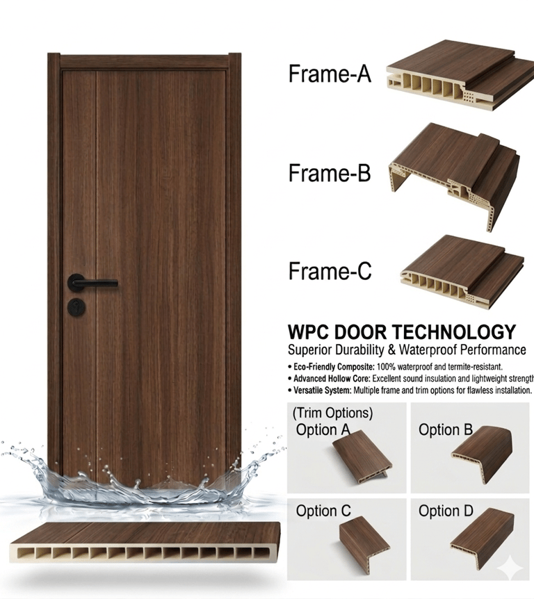 Waterproof WPC door with multiple frame and trim options.