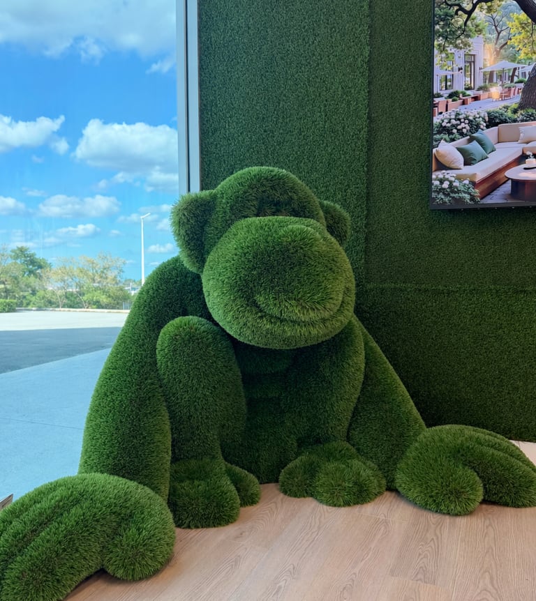 Large custom artificial turf sculpture shaped like a sitting monkey displayed indoors.