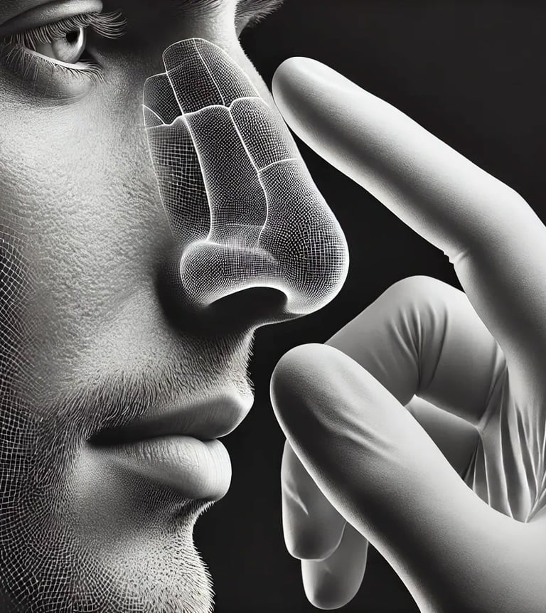 Man's nose being marked by gloved hands, preparing for cosmetic procedure.