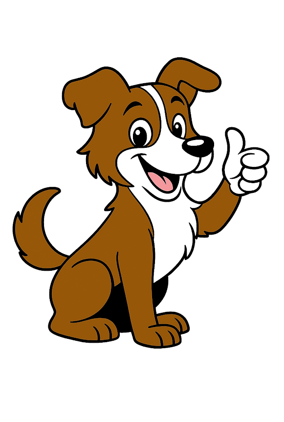 Scout the mascot, a brown and white dog giving a thumbs up and a smile