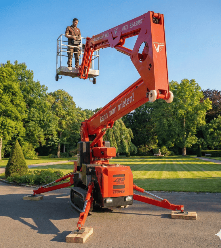Schreinermeister Ferdinand Volk im angehobenen Korb einer roten Raupen-Arbeitsbühne in einer sonnigen Parkanlage.