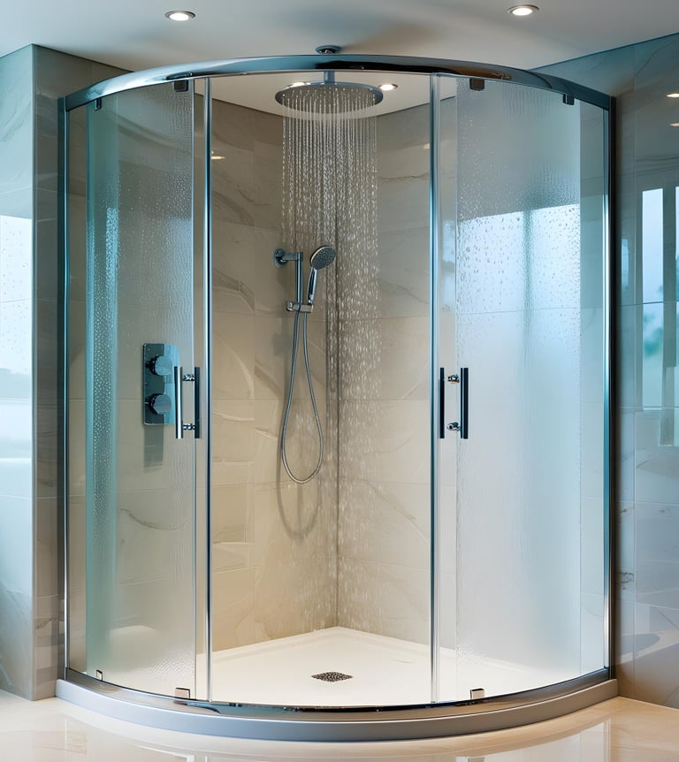 Curved glass shower enclosure with sliding doors and rain showers doorr roller repair in Auckland