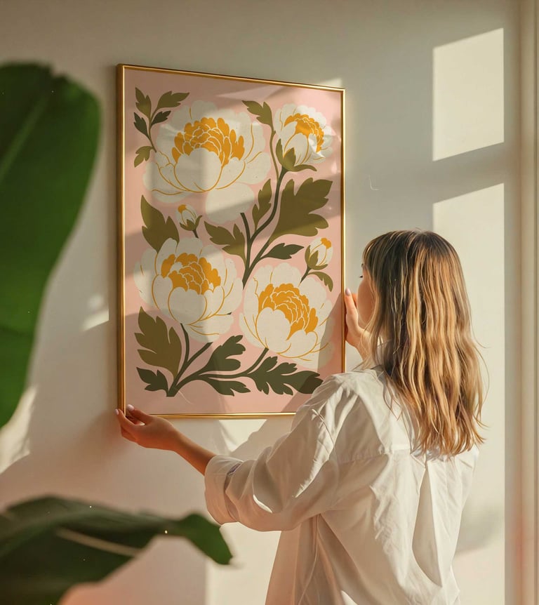 Vintage inspired floral wall art with soft pink peonies and botanical illustration
