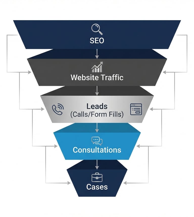 Vertical funnel diagram with stages: SEO, Website Traffic, Leads, Consultations, Cases.