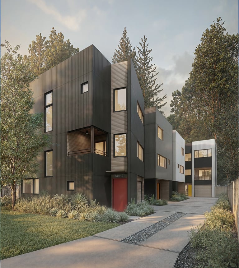 Modern black middle housing architecture with a red door and sustainable landscaping.