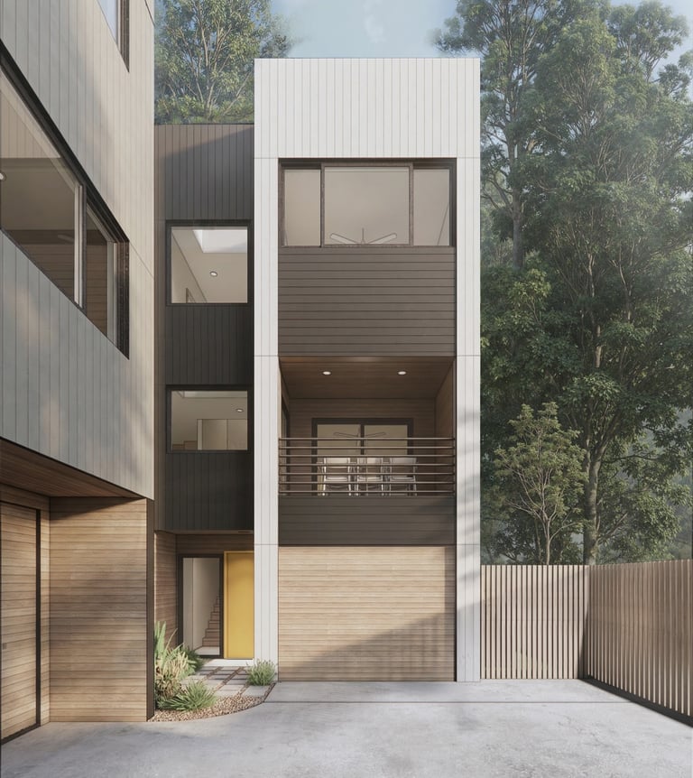 Modern multi-level home with vertical wood siding and a yellow front door.