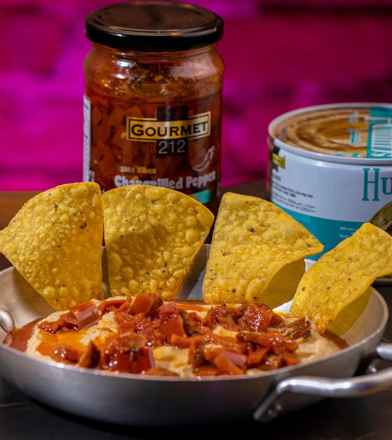 a pan of food with chips and chips