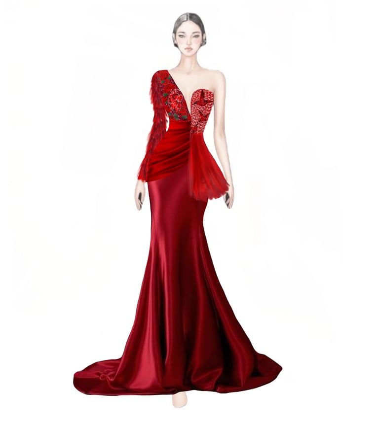 Elegant gown. Bird trying to reach it's heart