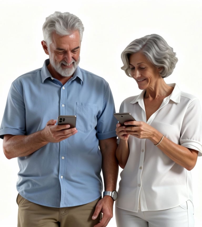 hombre y mujer parados juntos, mirando su smartphone