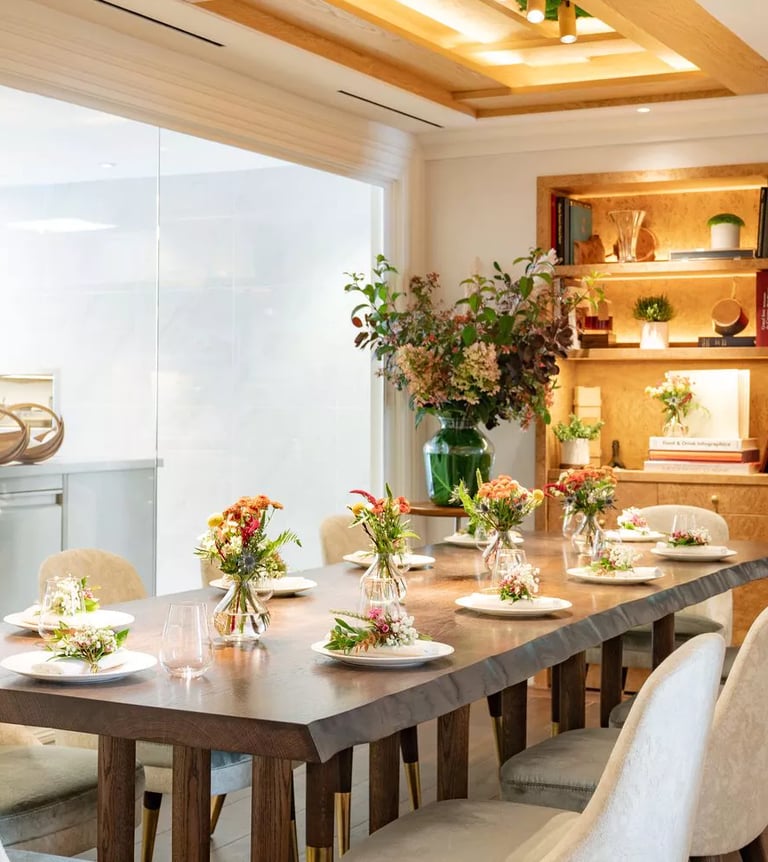 Elegant private dining room with floral decor, offering an intimate luxury dining experience.