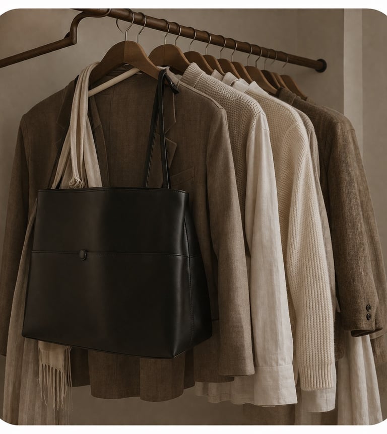 Neutral capsule wardrobe with leather tote and knitwear.