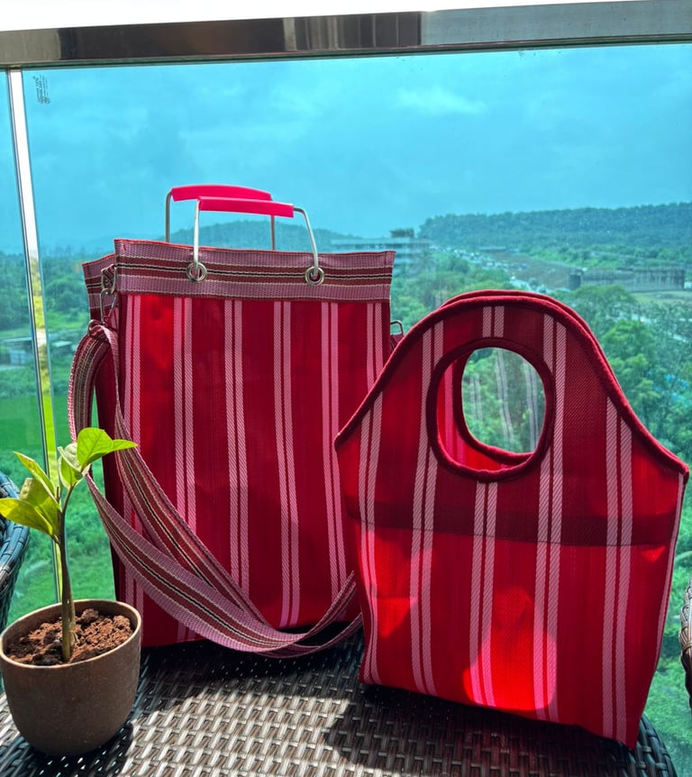 Red Striped fancy Indian Market bags made of Nylon plastic recycled traditionally crafted